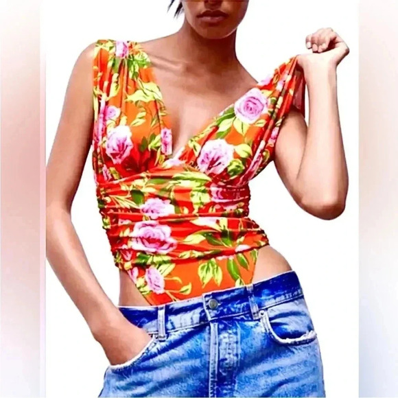 NWT Zara Draped Bodysuit Tropical Floral Orange & multi color Sz S - Picture 1 of 7